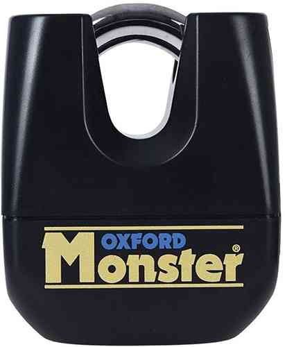 Black OXFORD OF31 Seal padlock with a shiny gold "Monster" logo, featuring a sturdy design and a wide shackle for enhanced security.