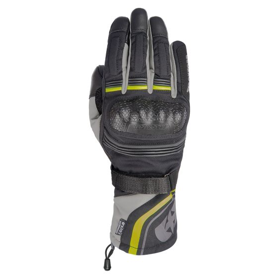 Black and grey motorcycle gloves with fluo yellow accents, made from durable materials, featuring protective knuckle armor and a secure wrist strap.