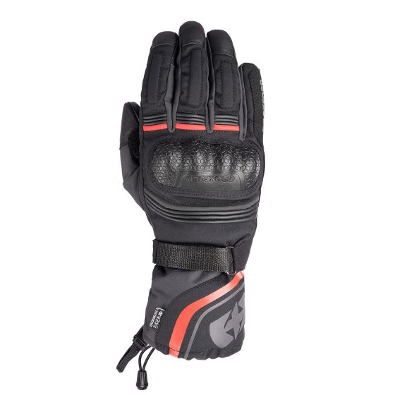 Black and grey motorcycle gloves with red accents, featuring padded knuckles, a waterproof design, and a secure wrist strap for enhanced grip and protection.