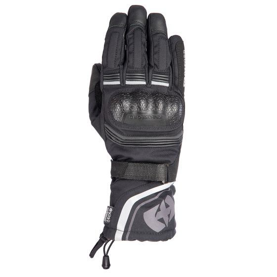 Waterproof black and white Oxford Montreal 4.0 gloves in size XL, featuring a textured grip, adjustable wrist strap, and padded knuckles for enhanced protection.