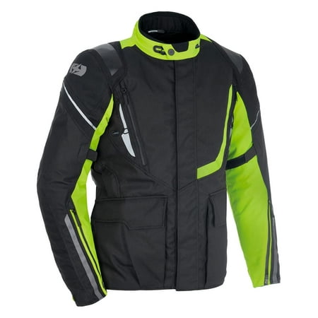 Textile jacket in black with neon yellow accents, featuring a high collar, multiple zippered pockets, and reflective strips for visibility, size XL.