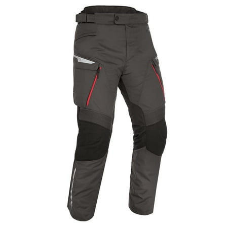 Waterproof textile pants in dark grey with black and red accents, featuring multiple zippered pockets and reinforced knee areas, available in size 3XL.