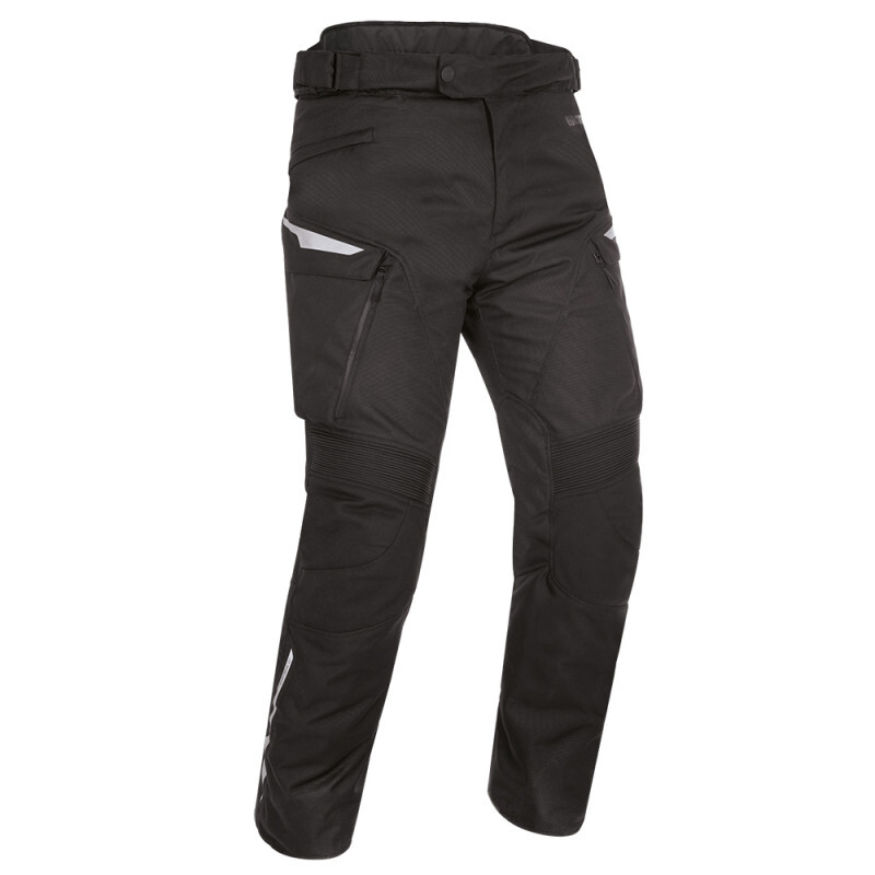 Black textile pants by Oxford, model Montreal 4.0, featuring waterproof material, multiple pockets, and reflective details, available in size 5XL.