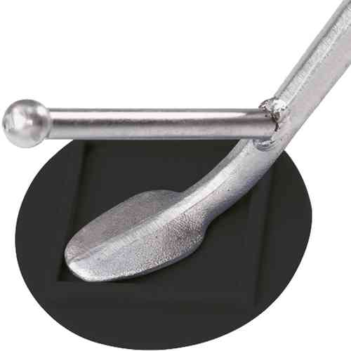 Black rubber sidestand pad with a silver metal stand, featuring a rounded end for stability and a textured surface for grip.