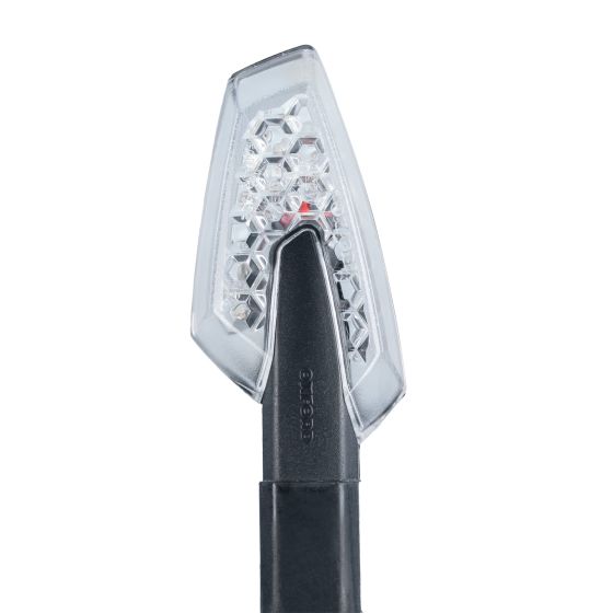 Clear hexagonal lens with a black plastic base, featuring a red LED light for visibility, designed for motorcycle indicator replacement.
