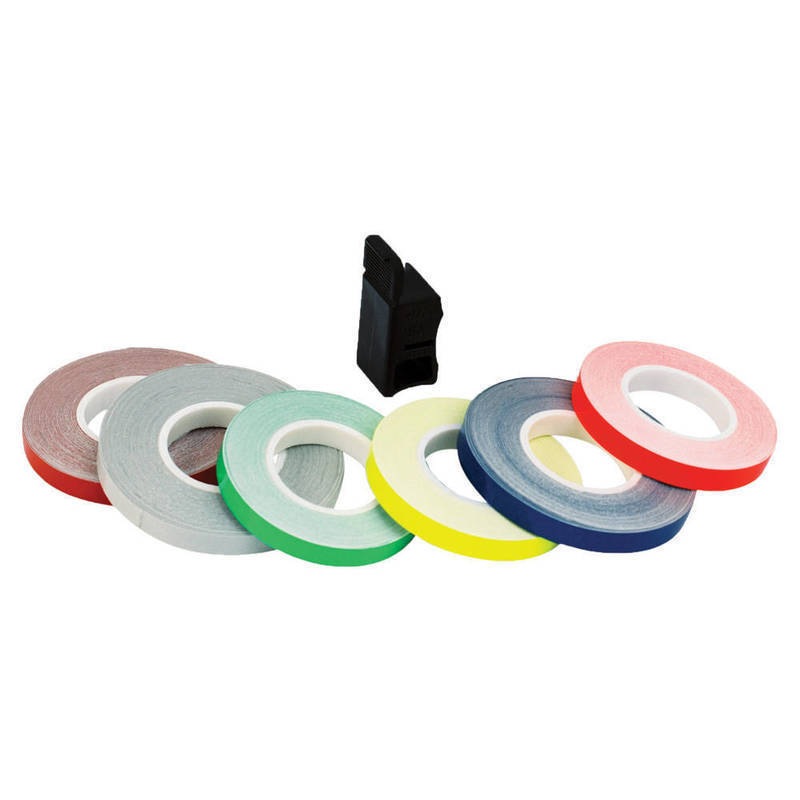 Fluorescent yellow 7mm wheel stripes by Oxford, featuring six rolls in various colors (red, blue, gray, white, and pink) and a black applicator tool for easy application.