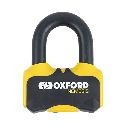 Yellow and black motorcycle wheel clamp lock with a sturdy design, featuring the Oxford logo and a robust, weather-resistant material for enhanced security.