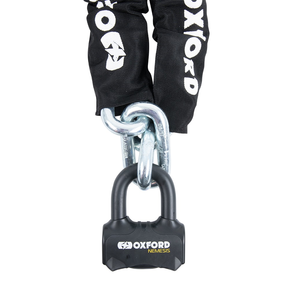 Black fabric-covered chain with a thick silver metal link, secured by a sturdy black padlock featuring the Oxford logo in gold.