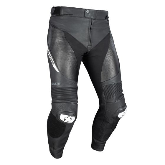 Black and white leather motorcycle jacket featuring a sleek design, with a prominent Oxford logo, zippers, and padded areas for protection.