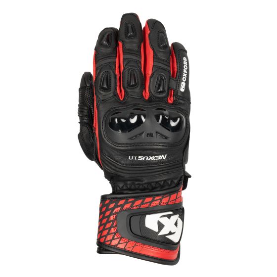 Black leather motorcycle glove with red accents, featuring reinforced knuckles, ventilation slots, and a textured grip, designed for comfort and protection.