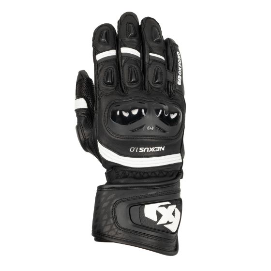 Black leather motorcycle gloves with white accents, featuring knuckle protection, padded palms, and a secure wrist strap, designed for enhanced grip and safety.