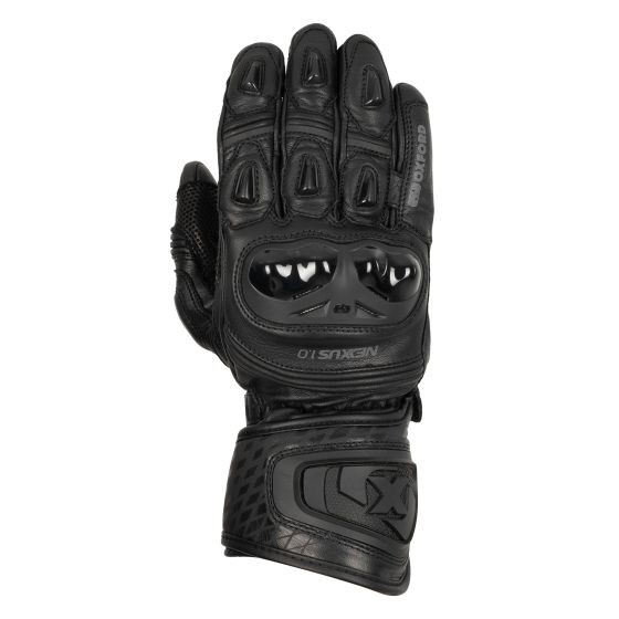 Stealth black leather motorcycle gloves with padded knuckles, reinforced palm, and adjustable wrist strap, designed for comfort and protection in XL size.