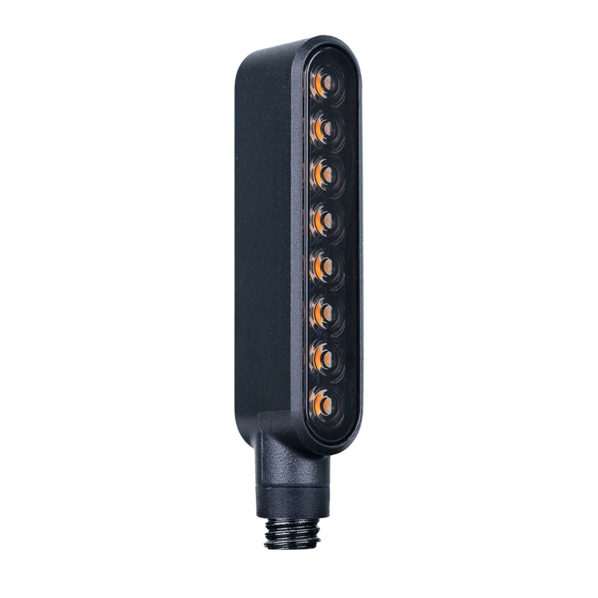 Black waterproof turn signal with eight orange LED lights arranged vertically, featuring a durable plastic body and a threaded base for easy installation.