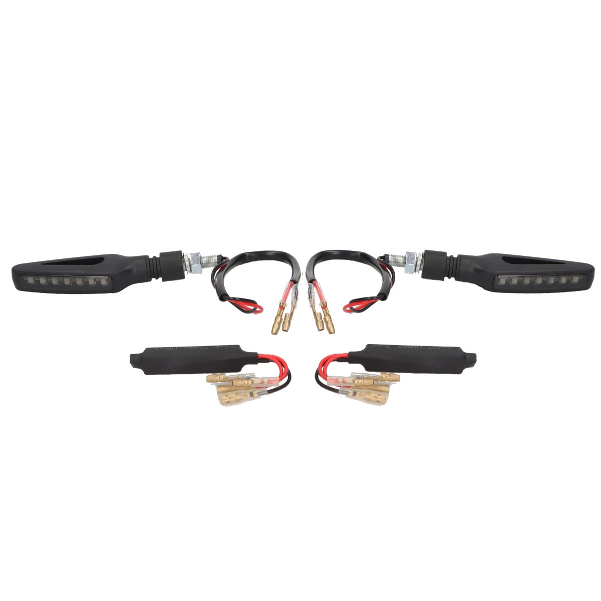 Black Oxford Sequential Indicators NightGlider featuring sleek LED lights, durable housing, and wiring connectors for easy installation, designed for enhanced visibility on motorcycles.