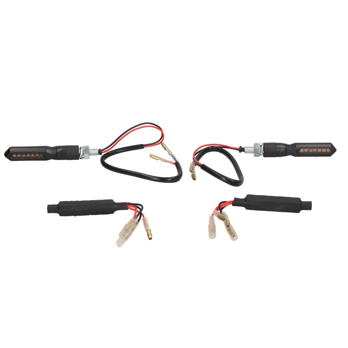Oxford Sequential Indicators NightStrider features sleek black housing, LED lights with a sequential blinking pattern, and durable wiring for easy installation on motorcycles.