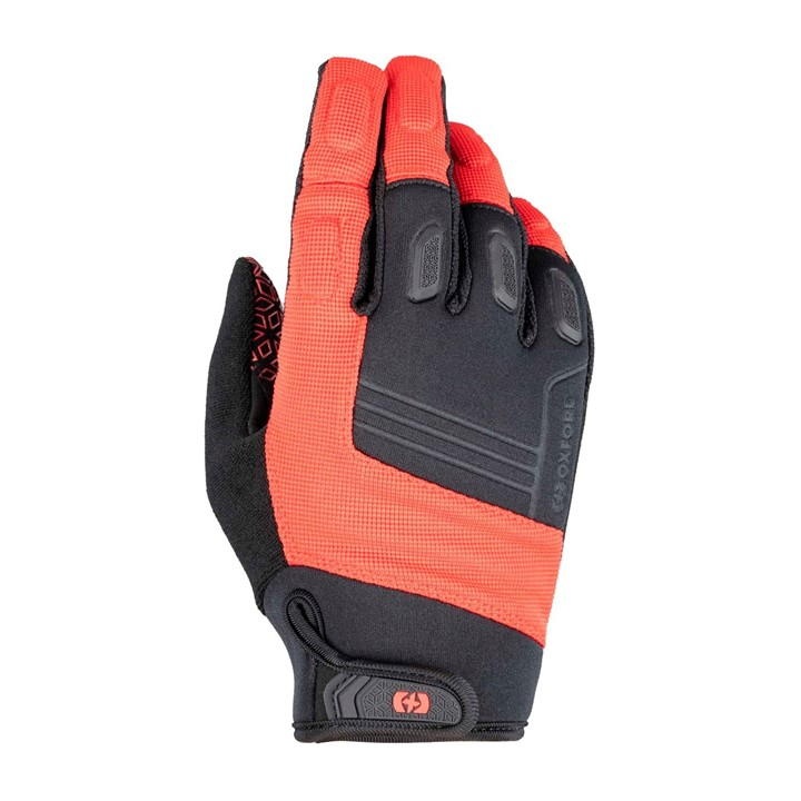 Red and black Oxford North Shore 2.0 gloves featuring padded fingers, a textured grip, and a breathable mesh back for enhanced comfort and performance.