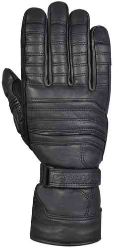 Stealth black leather motorcycle gloves with quilted padding, reinforced knuckles, and an adjustable wrist strap, designed for comfort and protection, size XL.