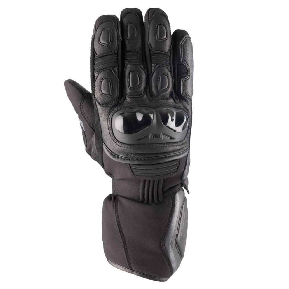 Black leather gloves featuring a padded knuckle area, reinforced palm, and a sleek design, ideal for ladies, with Dry2Dry technology for moisture management.