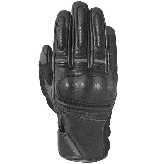 Black leather motorcycle gloves featuring padded knuckles, perforated detailing for ventilation, and a secure wrist closure for enhanced grip and protection.