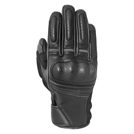 Black motorcycle gloves featuring a mix of leather and textile, with perforated panels for breathability, reinforced knuckles, and an adjustable wrist strap for a secure fit.