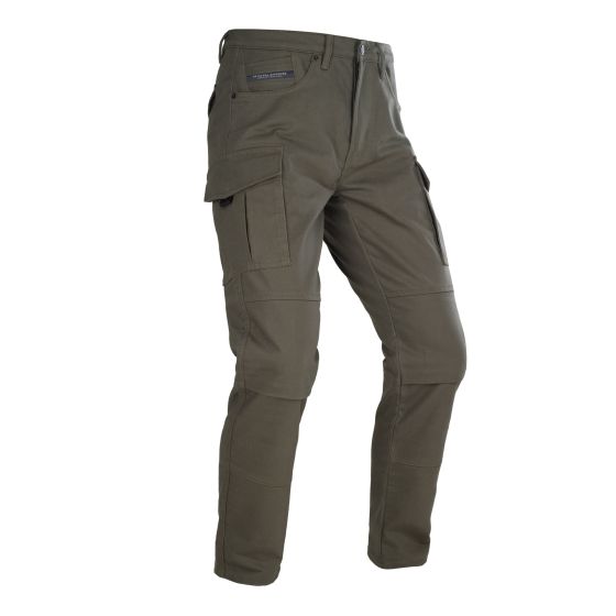 Olive green cargo pants made of textile material, featuring multiple side pockets, a zip fly, and a slim fit design, available in size W36/L32.