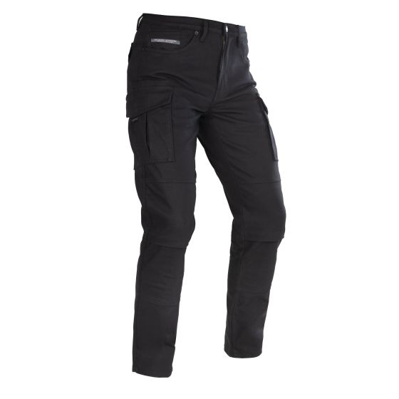 Black textile cargo pants by Oxford, featuring multiple side pockets, a slim fit design, and size W32/L32, ideal for durability and functionality.