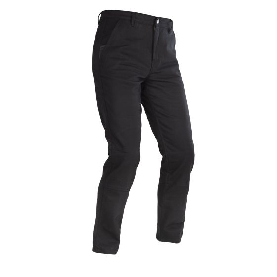 Black textile chino pants by Oxford, featuring a slim fit design, two front pockets, and a button closure, available in size W34/L32.