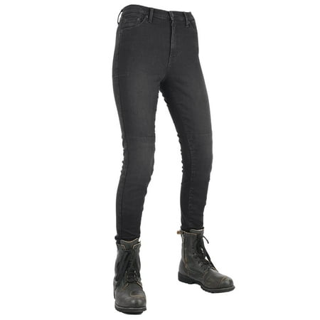 Black Oxford Original Approved jeggings for women, featuring a slim fit, made from stretchy material, and designed in a short 44 size, paired with rugged black boots.
