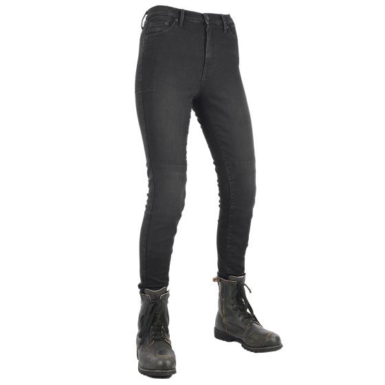 Black Oxford Original Approved jeggings for women, featuring a sleek, stretchy material and a long 46" size, paired with rugged black boots for a stylish look.