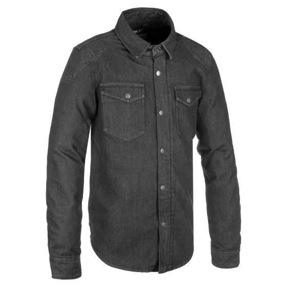 Black Oxford Original Approved AA Motorcycle Shirt made from durable denim, featuring a button-up front, two chest pockets, and a classic collar design.