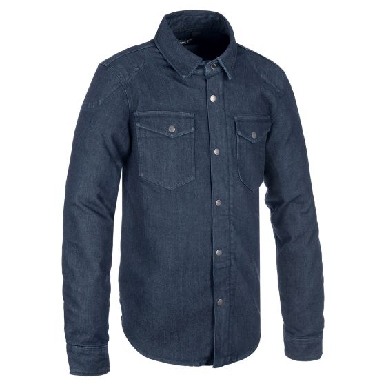 Indigo blue Oxford Original Approved AA motorcycle shirt made of durable denim, featuring a button-up front, two chest pockets, and long sleeves.