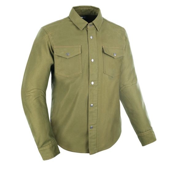 Khaki Oxford Original Approved AA motorcycle shirt in size S, featuring a button-up front, two chest pockets, and a durable fabric suitable for riding.