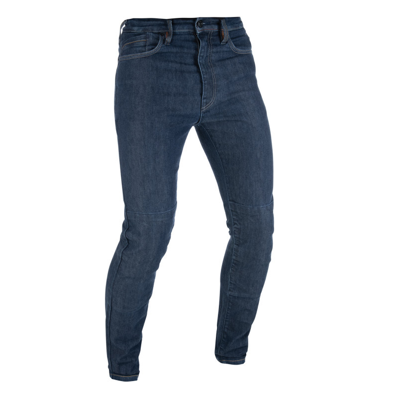 Slim-fit motorcycle jeans in dark blue denim, featuring a classic five-pocket design, reinforced knee panels, and a sleek, modern silhouette for enhanced comfort and protection.