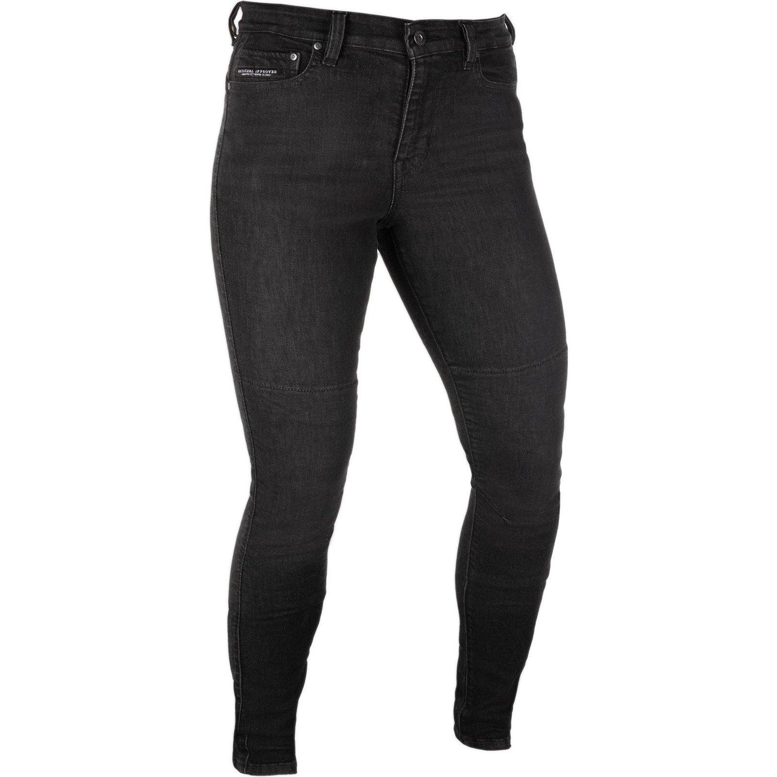 Black slim-fit motorcycle jeans for ladies, made from durable denim, featuring knee padding and a stylish, modern design, ideal for safety and comfort while riding.