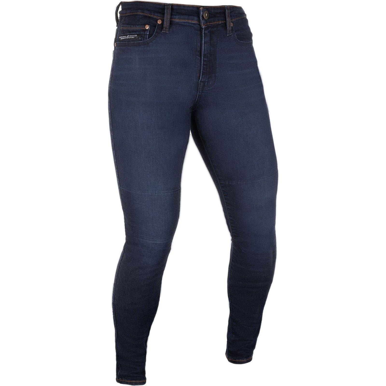 Indigo slim-fit motorcycle jeans for ladies, made from durable denim, featuring reinforced knee panels and a classic five-pocket design.