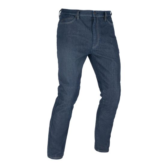 Straight-fit indigo motorcycle jeans by Oxford, made from durable denim, featuring a classic five-pocket design and approved AA safety rating, size W34 L32.