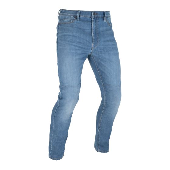 Mid blue straight fit jeans made from denim, featuring a classic five-pocket design and a zip fly with button closure, showcasing a slightly faded finish for a casual look.