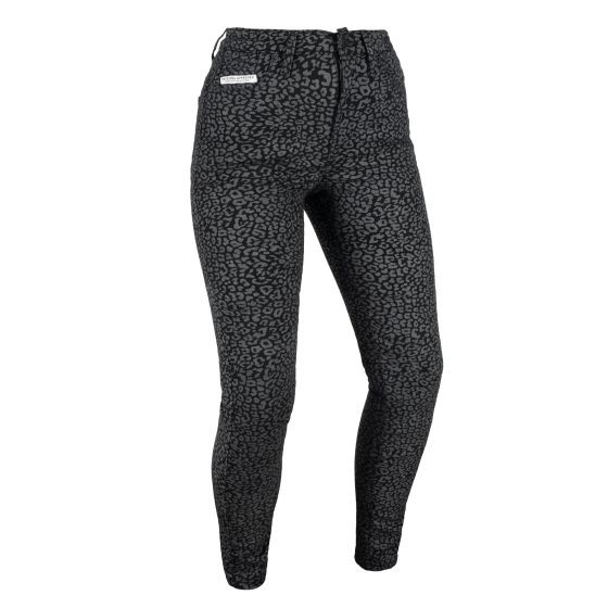 Super stretch leopard print jeans in black and grey, featuring a sleek, form-fitting design and a long 38" size, ideal for a stylish and comfortable fit.