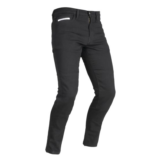 Black super stretch motorcycle jeans for ladies, featuring a slim fit, durable material, and a subtle logo patch on the waistband, designed for comfort and safety.
