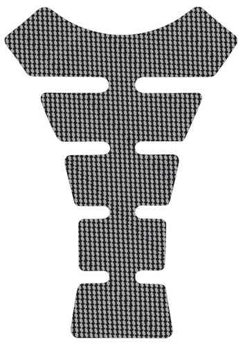 Black and grey textured tank pad with a unique shape featuring multiple cutouts, designed for motorcycle protection and grip.