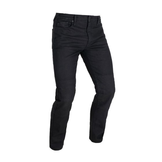Slim black motorcycle jeans made of durable material, featuring a sleek design, five-pocket styling, and approved AAA safety rating, available in W44 and L34 sizes.