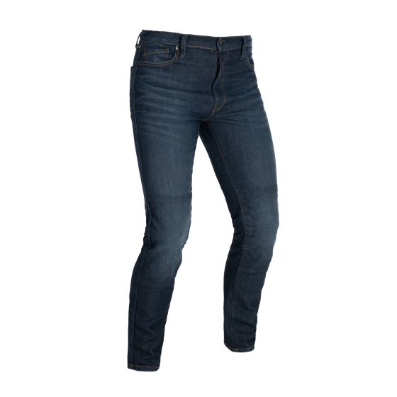 Slim dark blue motorcycle jeans made of durable denim, featuring a classic five-pocket design and reinforced knee panels for added protection. Size W44, L34.