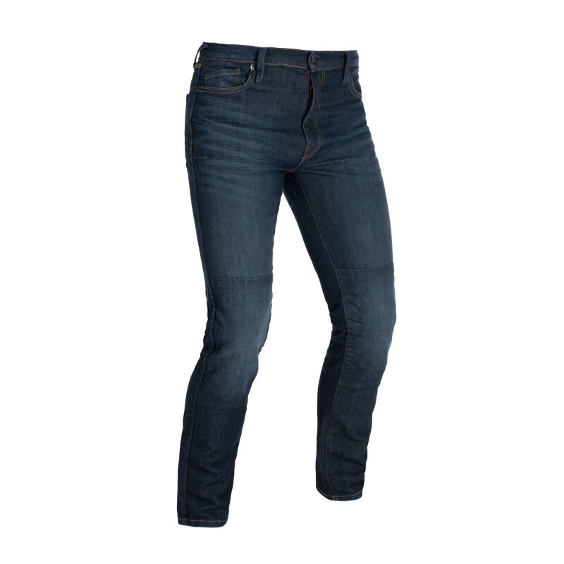 Dark aged straight fit jeans by Oxford, featuring a classic five-pocket design, subtle stitching, and a smooth denim texture.