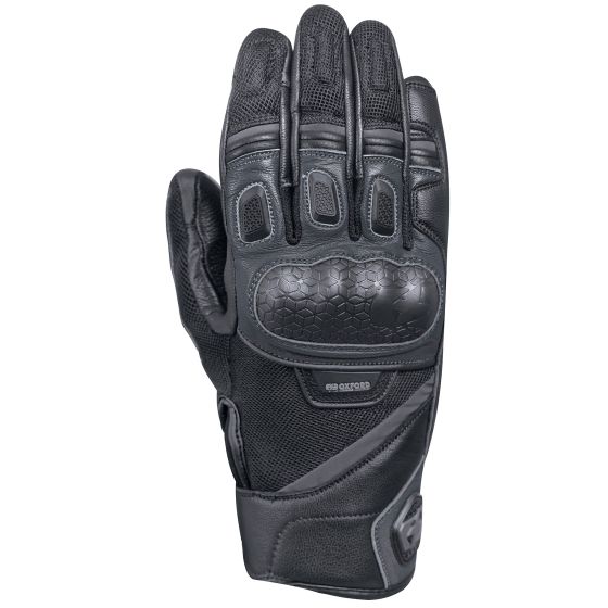 Black leather and textile motorcycle gloves featuring a padded knuckle area, reinforced palm, and breathable mesh for comfort and protection.