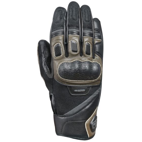 Black and brown motorcycle gloves featuring a mix of leather and textile materials, with padded knuckles, reinforced palm, and ventilation mesh for comfort and protection.