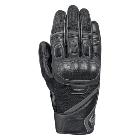Black motorcycle gloves made of durable leather and textile, featuring reinforced knuckles, ventilation panels, and a secure wrist closure for enhanced protection and comfort.