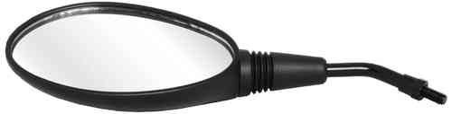 Black oval mirror with a sleek design, featuring a reflective surface and a curved arm for easy adjustment, ideal for motorcycles or bicycles.