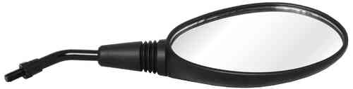 Right-side oval replacement mirror by Oxford, featuring a sleek black plastic frame and a curved arm for easy installation.