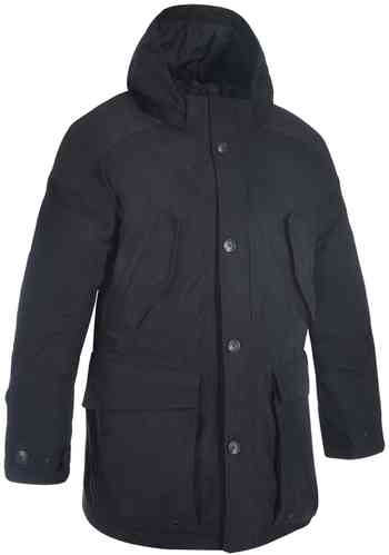 Black Oxford Parka Motorcycle Jacket in size S, featuring a hood, multiple front pockets, and a durable material designed for protection and warmth.