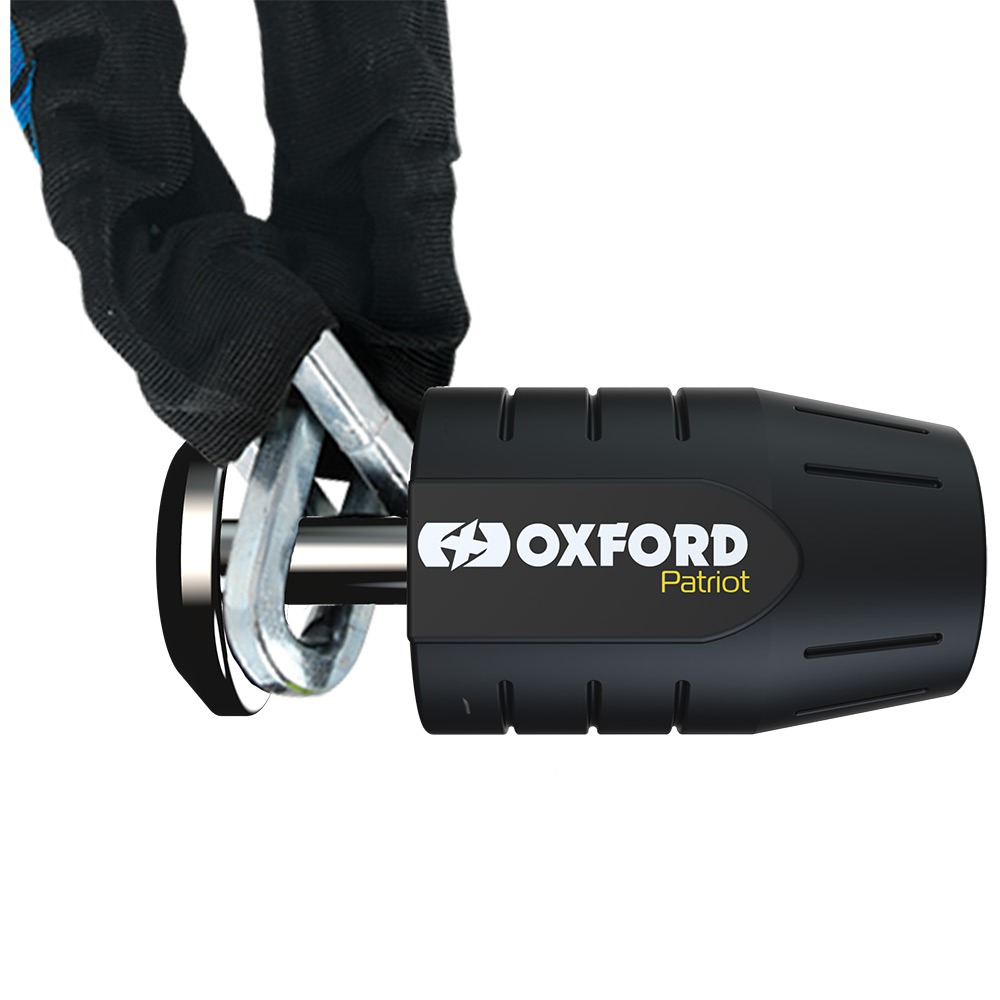Black Oxford Patriot chain lock with a 12 mm thick, durable steel chain, featuring a robust locking mechanism and a textured grip for secure handling.